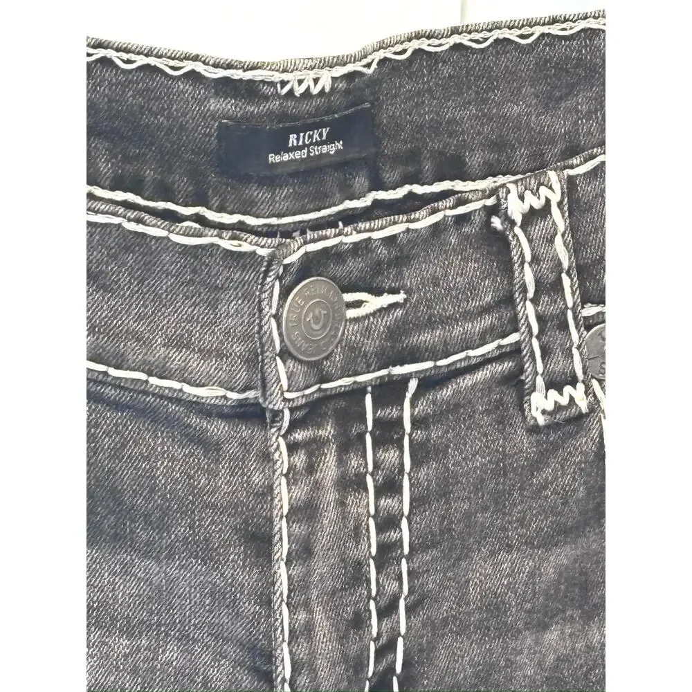 True Religion Ricky Relaxed Straight Jeans Size 38 ✨ Acid Wash Black Gray Y2K